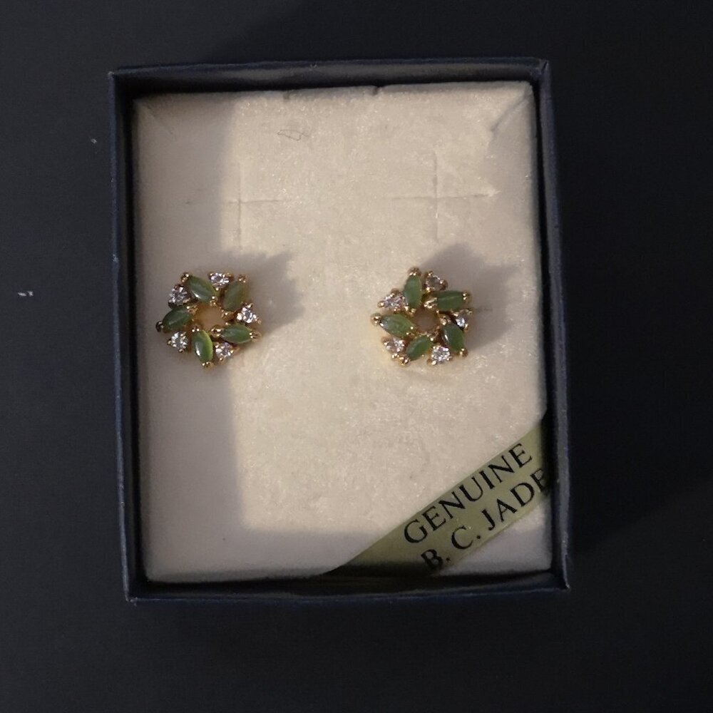 New Genuine BC Jade & Cubic Zirconia Gold Tone Small Cluster Post Earrings
